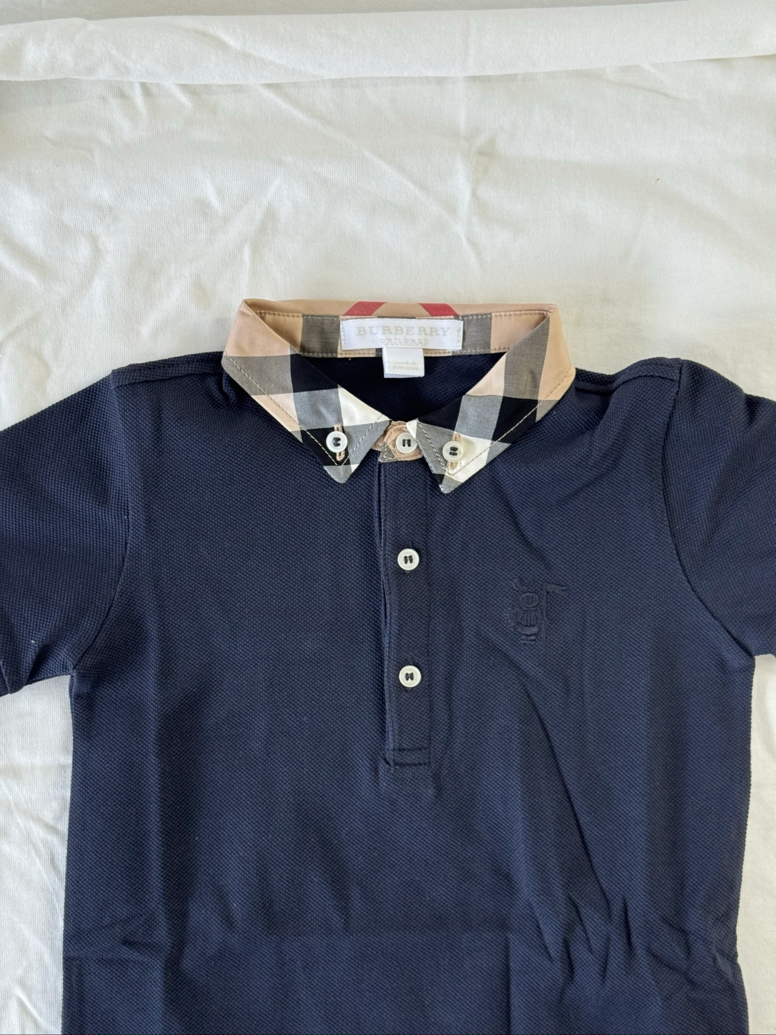 Navy blue piqué polo with plaid fabric collar – photo 2